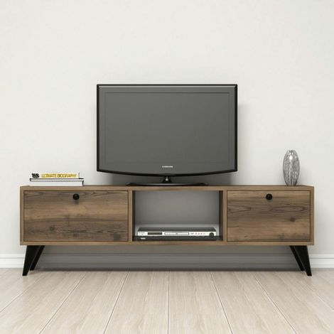 Meuble TV vintage décor bois foncé 2 portes 1 niche UMEA (1/5)