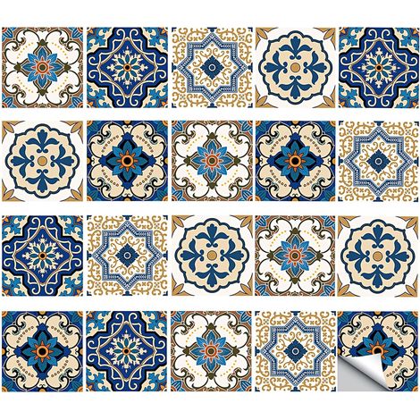 Autocollants de Carrelages, 20 Pièces Carrelage Adhésif Bleu, 15 x 15 cm Film Carrelage Vintage PVC Étanche Stickers de Carrelages pour Cuisine Salle de Bain Escalier Armoire (1/4)