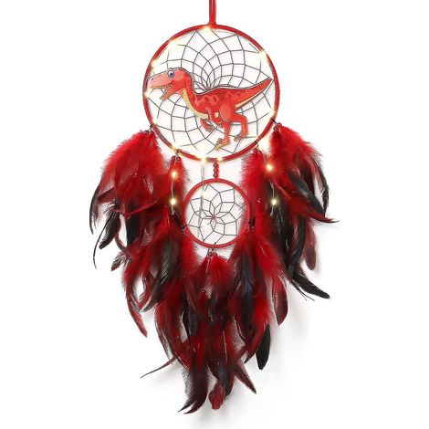 Attrape-rêves dinosaure pour garçons et filles, décoration murale lumineuse, attrape-rêves dinosaure à suspendre, cadeau pour enfants (LGL) Rouge (1/5)