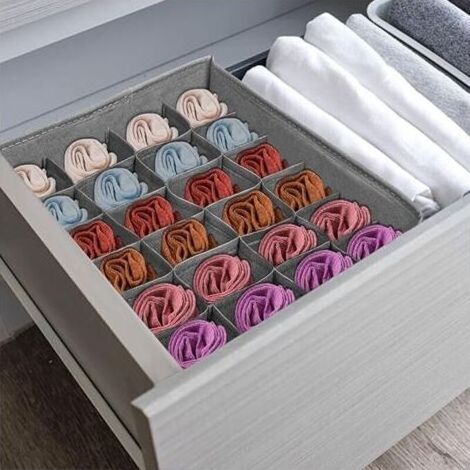 Boîtes de Rangement pour Chaussettes et Sous-vêtements, 24 Cellules Tiroir Organisateur, Pliables, Ranger les écharpes, Cravates, Ceintures Accessoires (Gris) (1/3)