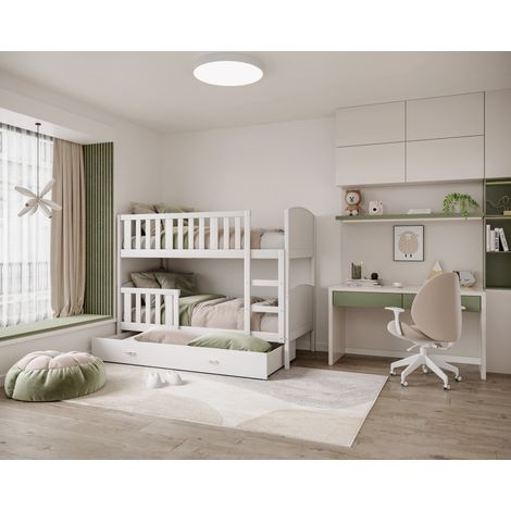 Lit superposé 90x190 blanc – Bois et MDF – Deux sommiers FLEX – Tiroir de rangement – Barrière de sécurité – Matelas en mousse 7cm – Kids Literie