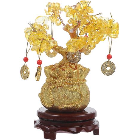 arbre à argent en cristal naturel de 19 cm, ornement de style bonsaï, symbole de richesse et de chance selon le Feng Shui, décoration intérieure (avec pièces d'or et socle)-19.00X9.00X8.50CM (1/4)