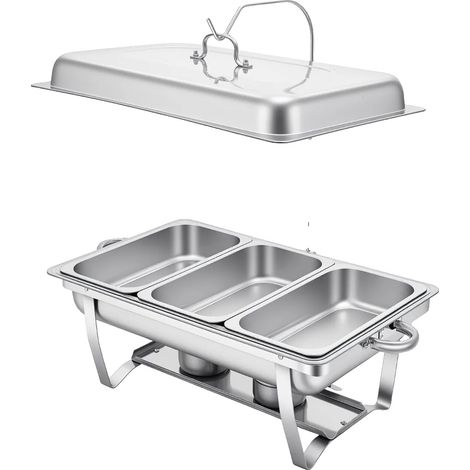 Plat de service, réchaud à 3 compartiments, design en acier inoxydable, Argent (1/2)