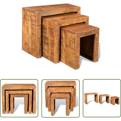 The Living Store Table gigogne 3 pcs Bois massif de manguier - Tables Basses - Meubles Vintage - Set De Tables - Tables Gigognes - Mobilier Salon (1/5)