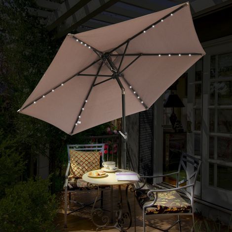 Patio Garden Parasol LED Lights Sun Shade Round Umbrella with Crank Tilt 2.5M Taupe