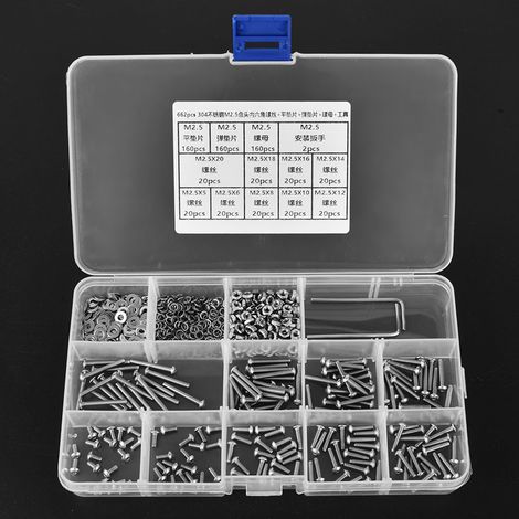 Ensemble de 662 pièces en acier inoxydable SUS304 : vis à tête cylindrique creuse hexagonale M2,5, écrous, rondelles plates, rondelles élastiques et clés. (1/5)