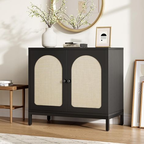 Buffet en Rotin Bohème avec Portes Cintrées, 3 Étagères Réglables, Meuble TV et Rangement Polyvalent Noir (1/5)