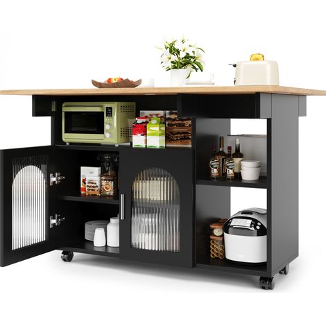 Îlot de cuisine multifonction avec plan de travail rabattable, rangement, portes vitrées et roulettes, noir et bois clair, pour cuisine et salle à manger, 120 x 70 x 79,5 cm - CHICFURN (1/5)