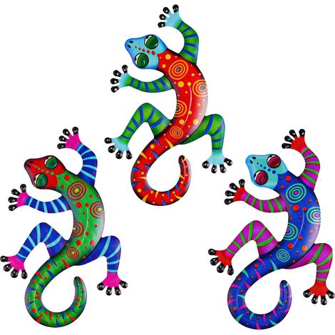 3PCS Décoration murale, Gecko en métal coloré, Sculpture en fer, Art mural suspendu, Pour jardin maison salon (1/5)