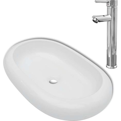 vidaXL Lavabo de baño ovalado con grifo mezclador cerámica blanco (1/2)