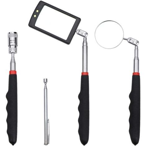Lot de 4 outils d'inspection télescopiques 1 miroir carré avec éclairage LED et 1 miroir rond 1 bâton magnétique avec éclairage LED et 1 stylo magnétique pour récupérer des objets métalliques