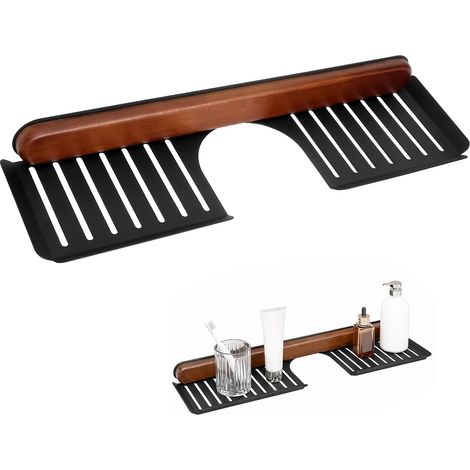 Mensola per lavabo da 40 cm senza foratura in legno di noce, soluzione per riporre oggetti in bagno  Elegante mensola in legno di noce larga 10 cm, foro a U per il rubinetto, drenaggio rapido, mensola (1/5)