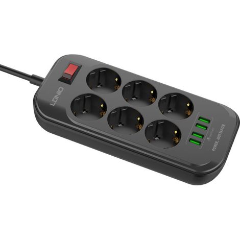 Multiprise Electrique avec 4 Ports USB et 6 Prises, Noir (1/5)