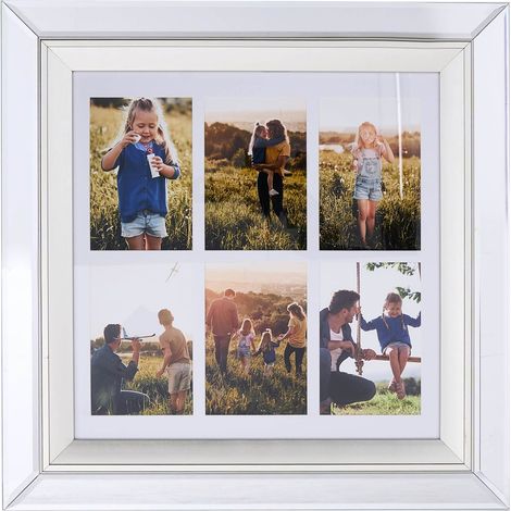 Multi Photo Frame Silver Glass Mirrored 50 x 50 cm for 6 Pictures 10 x 15 cm Collage Aperture MAKENI (1/5)