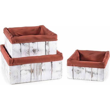 Cassette / cestini quadrati in legno bianco con interno stoffa rossa, set da 2 pezzi, Grande: cm 25,5x25,5x12 H
