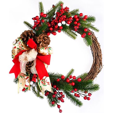 Dekorativer Weihnachtskranz aus PE-Gewebe, 40 cm, verziert mit Tannenzapfen und roten Beeren. Zum Aufhängen an Wand oder Tür. (1/2)