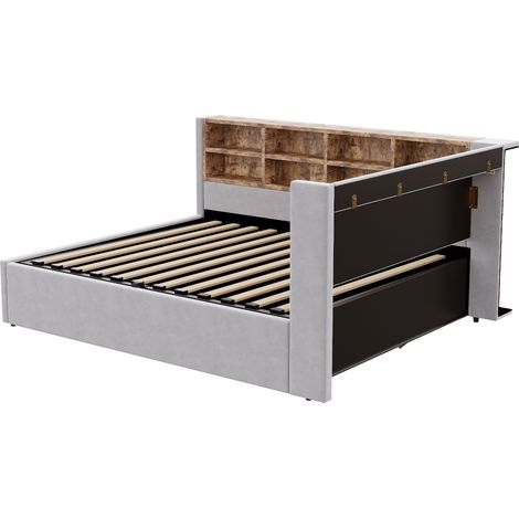 Cama tapizada 140 x 200 cm con almacenaje, luz nocturna, USB-C y estantes, gris claro MODENUIT (1/5)