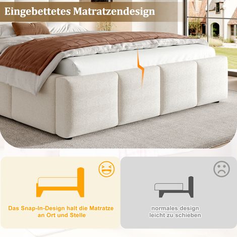 Lit double rembourré 160x200cm avec sommier, tête de lit capitonnée, tissu bouclé beige, structure matelassée, literie complète pour chambre moderne. (1/5)