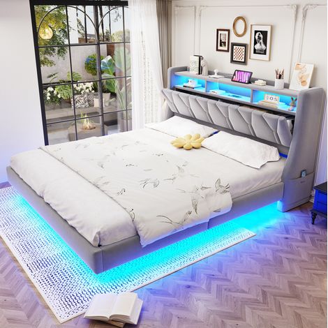 Cama doble tapizada con almacenaje LED y USB gris OKMYHOME (1/5)