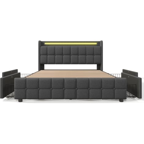 Lit double capitonné 160x200 cm, avec 4 tiroirs, éclairage LED, ports et prises USB, sommier à lattes, linge, lit queen size - Gris
