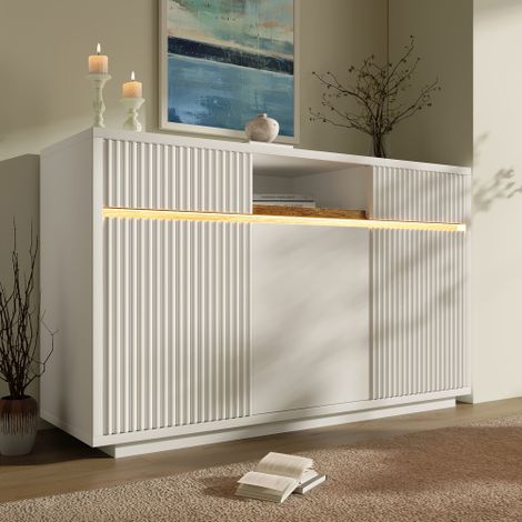 Buffet blanc avec éclairage LED, 140x40x85CM, doté de 2 tiroirs et de 3 portes d'armoire, convenant aux salons, entrées et cuisines (1/5)