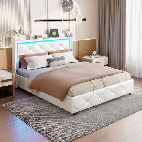 Lit Double 140x200 Tete de Lit avec LED et Port USB Lit Coffre avec Hydraulique Rangement 2 Personnes pour Adultes et Adolescents Blanc PU (1/5)