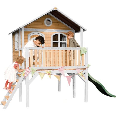 Axi Sophie Maison Enfant Avec Toboggan Vert  Aire De Jeux Pour L'Extérieur En Marron & Blanche  Maisonnette / Cabane De Jeu En Bois Fsc