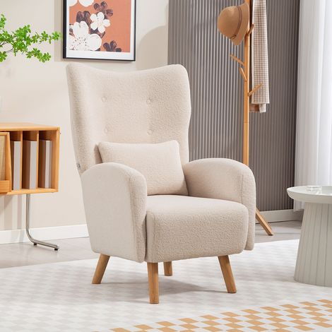 Fauteuil à oreilles déco capitonné peluche garnissage mousse mobilier salon couleur beige (1/5)