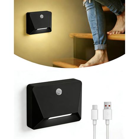 Veilleuse Détecteur de Mouvement, Mode lié, 3000K Lampe Murale Sans Fil Rechargeable par USB, 2200 mAh, Sans Perçage, Pour Escalier, Couloir, Chambre, Noir (1/5)