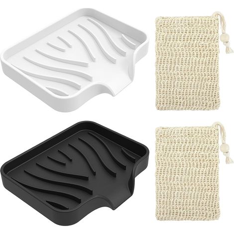 2 Pieces Silicone Soap Dish, Soap Holder with Drain, Non-Slip Soap Holder, Bring Two Sisal Soap Bags (1/5)