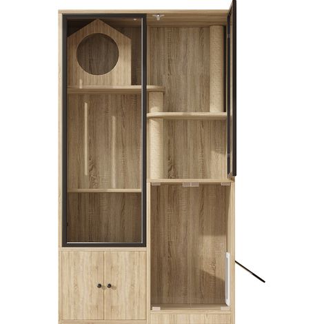 Maison pour chat d'intérieur en bois clair avec porte verrouillable 90 x 50 x 160 cm (1/5)