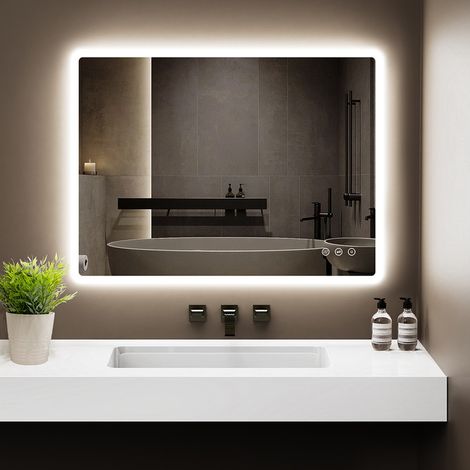 Badezimmerspiegel GIMBELEN 80x60 cm mit LED-Beleuchtung, 3 Lichtfarben, Dimmer, Anti-Beschlag, 3x Vergrößerung, Rasierersteckdose,防爆-Glas, IP44 (1/5)