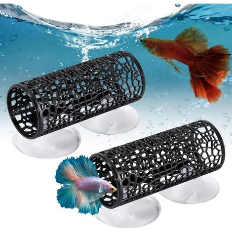 Set aus zwei Tunneln für Betta-Fische, perforiertes Aquarium-Versteck mit transparentem Saugnapf, aus sicherem PP-Material, 10 cm lang, geeignet für kleine Fische, Tetras und andere Fische. (1/4)