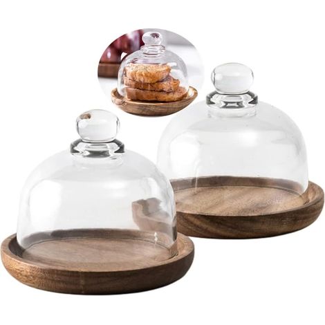 Mini plateau à gâteau en bois avec couvercle en verre