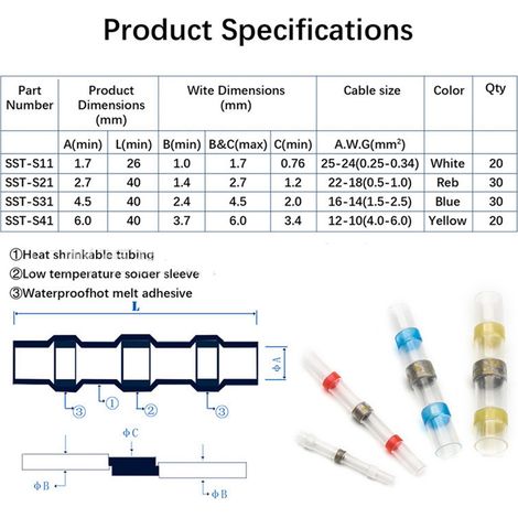 lot de cosses thermorétractables étanches à souder, connecteurs bout à bout isolés, assortiment de 800 pièces : 70 blanches, 80 rouges, 80 bleues, 35 jaunes, tube 535