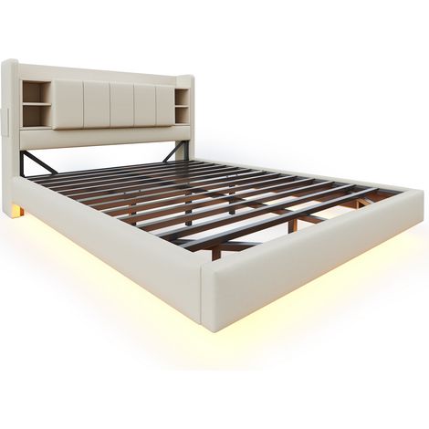 Letto capitonné 160 x 200 cm in lino beige con USB, LED e vani portaoggetti (1/5)