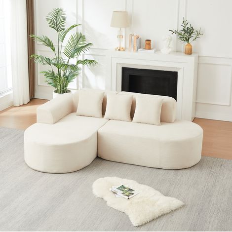 Sofá modular en L de 220 cm en pana beige con 3 cojines, respaldo y reposabrazos curvos, sin montaje (1/5)