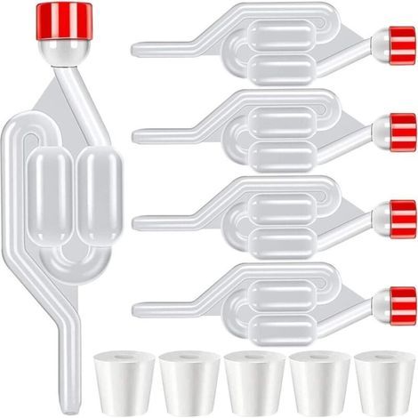 Set di 5 gorgogliatori per fermentazione, in plastica trasparente, con 5 tappi di fermentazione, ideale per la produzione di birra, vino e sidro. (1/5)