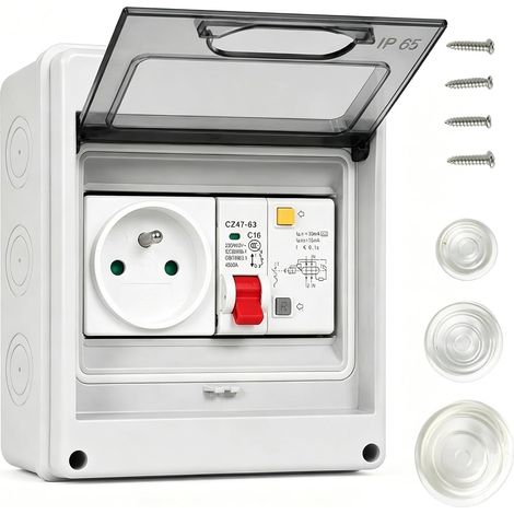 Boîte de prise, avec disjoncteur différentiel (FI), prise Schuko, 16A 250V, montage en saillie et mural, distribution électrique sécurisée pour la maison et les petits espaces extérieurs (1/5)