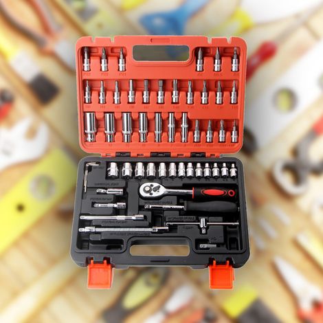 Jeu de 53 pièces : jeu de clés à cliquet et douilles, ensemble d'outils pour la maison et la rénovation, boîte à outils pour l'entretien des voitures, vélos et motos, kit de réparation de l'habitacle (1/5)