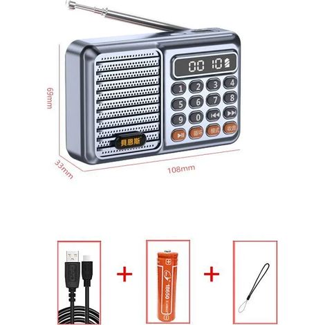 (Gris) Mini radio FM, écran LED, haut-parleur Bluetooth, lecteur de musique MP3, compatible avec les cartes TF et les clés USB. (1/5)