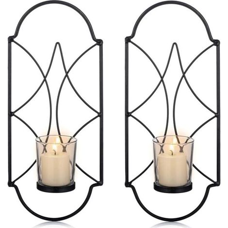 Lot de 2 Bougeoirs Photophore Porte Bougie Mural Murale Muraux en Métal, Bougeoir pour Mur Chambre Salle de Bains Salon Decoration, Noir-Fei Yu (1/5)