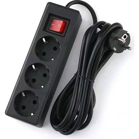 Multiprise  3 prises 16 A avec interrupteur (rallonge de 3 m, 3 prises, type Schuko F, ​​idéale pour bureau, PC, atelier, meuble TV, garage) Noire