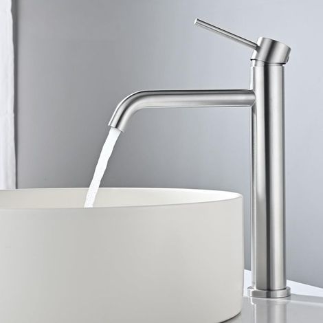 Mitigeur de Lavabo Haut Robinet Salle de Bain pour Lavabo et Vasque Robinet Lavabo en Acier Inox Brossé Classique (1/4)