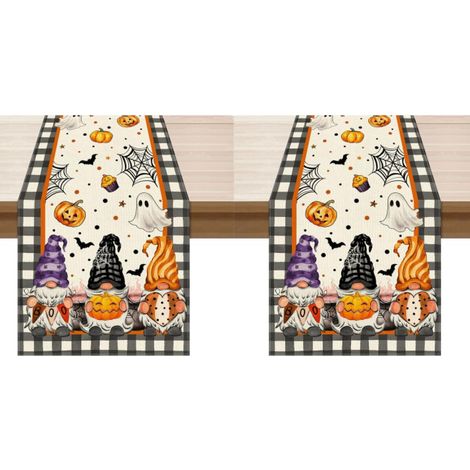 Camino de mesa de gnomos de Halloween (33 x 183 cm) Elegante decoración a cuadros con calabazas y fantasmas para la cocina y las comidas (2 piezas) (1/4)