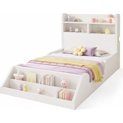 Lit simple 90x200 cm avec étagères, veilleuses rondes rechargeables, bibliothèque amovible et sommier à lattes, blanc pour chambre enfant - CHICFURN (1/5)