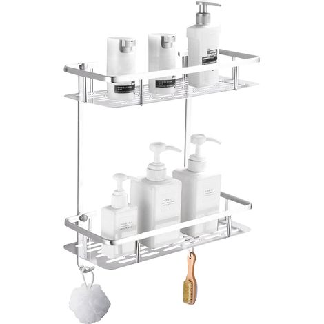 Silbernes Duschregal, Badezimmer-Wandregal, Duschkorb aus Metall ohne Bohren (2 Körbe) (1/5)