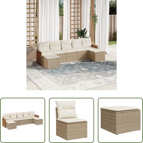 Gartensessel - 7-tlg. Garten-Sofagarnitur mit Kissen Beige Poly Rattan (1/5)