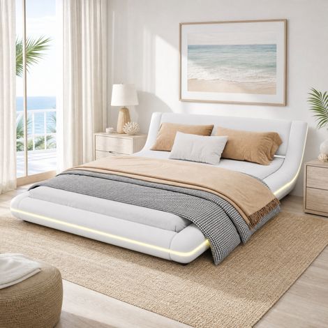 Lit bas 140 x 200 cm avec LED d'ambiance, PU et MDF, blanc OKWISH (1/5)