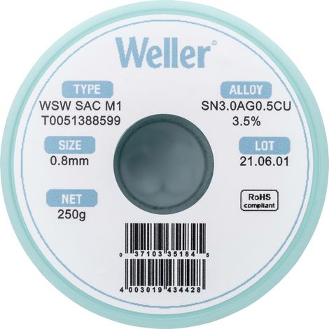 Weller WSW SAC M1 Lötzinn, bleifrei Spule Sn3,0Ag0,5Cu 250 g 0.8 mm (1/5)